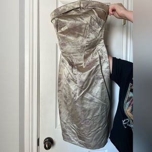 Vintage Kay Unger asian-inspired silver silk blend strapless cocktail dress